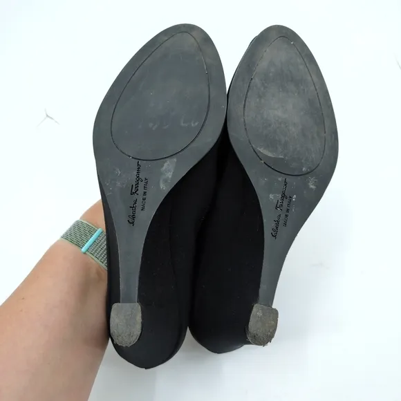 Salvatore Ferragamo Racy Fabric Peep Toe Wedge Heels Black Size 5.5