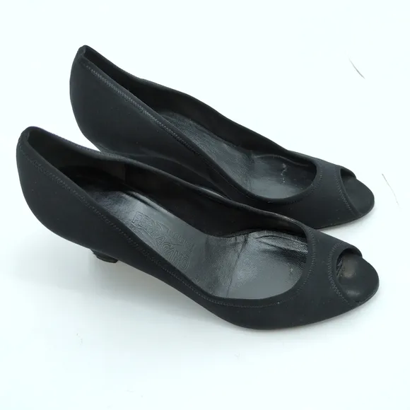 Salvatore Ferragamo Racy Fabric Peep Toe Wedge Heels Black Size 5.5