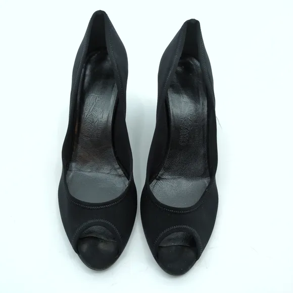 Salvatore Ferragamo Racy Fabric Peep Toe Wedge Heels Black Size 5.5