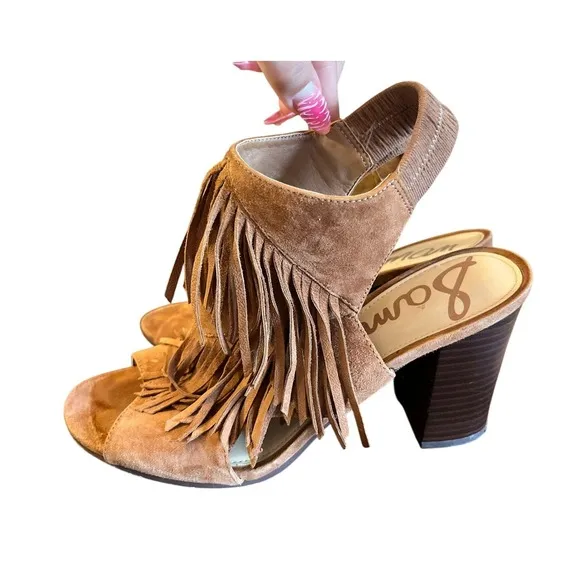 Sam Edelman Fringe Slingback Heels Open Toe Brown Suede Size 8M