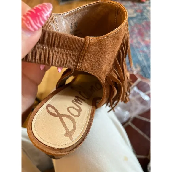 Sam Edelman Fringe Slingback Heels Open Toe Brown Suede Size 8M