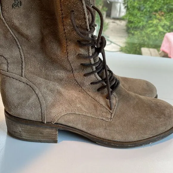 Sam Edelman Karla Mid Combat Boots, lace up taupe tan suede sz 8.5 wood heel