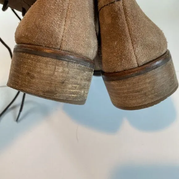 Sam Edelman Karla Mid Combat Boots, lace up taupe tan suede sz 8.5 wood heel
