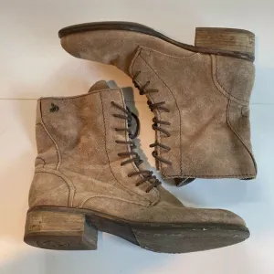 Sam Edelman Karla Mid Combat Boots, lace up taupe tan suede sz 8.5 wood heel