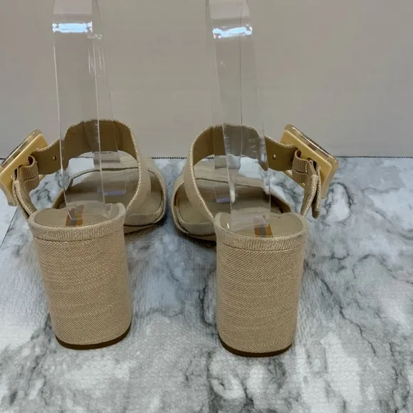 Sam Edelman New York sandal heels tan/gold tone , large buckles, very elegant.