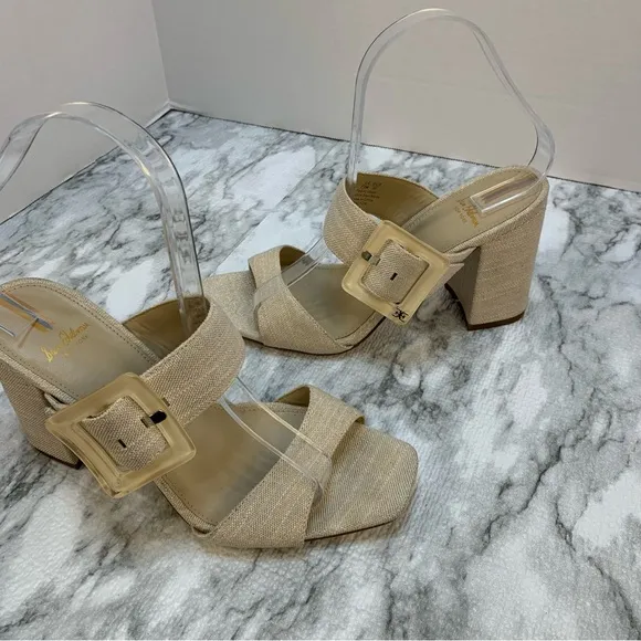 Sam Edelman New York sandal heels tan/gold tone , large buckles, very elegant.