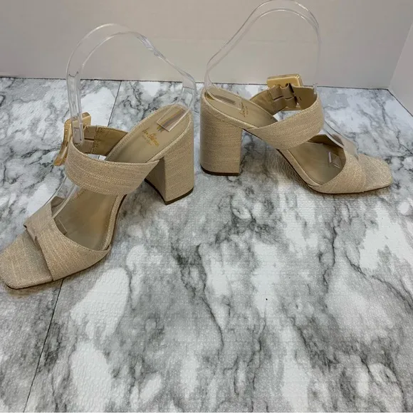 Sam Edelman New York sandal heels tan/gold tone , large buckles, very elegant.