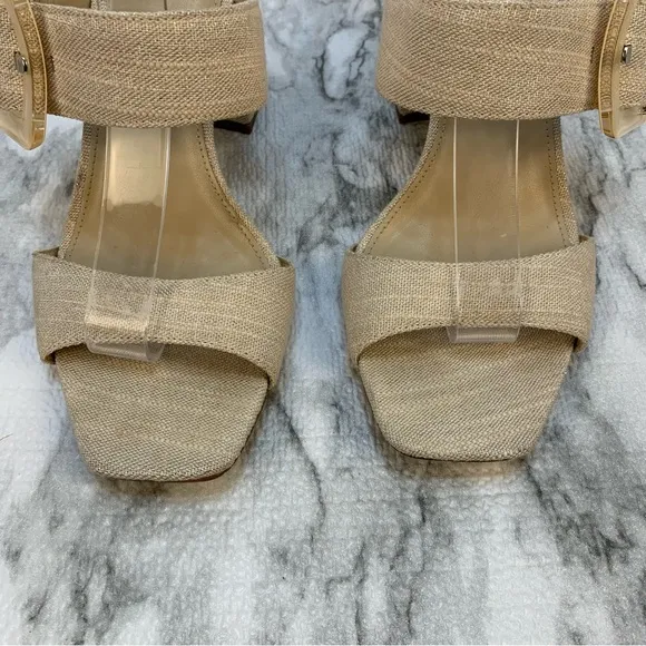 Sam Edelman New York sandal heels tan/gold tone , large buckles, very elegant.