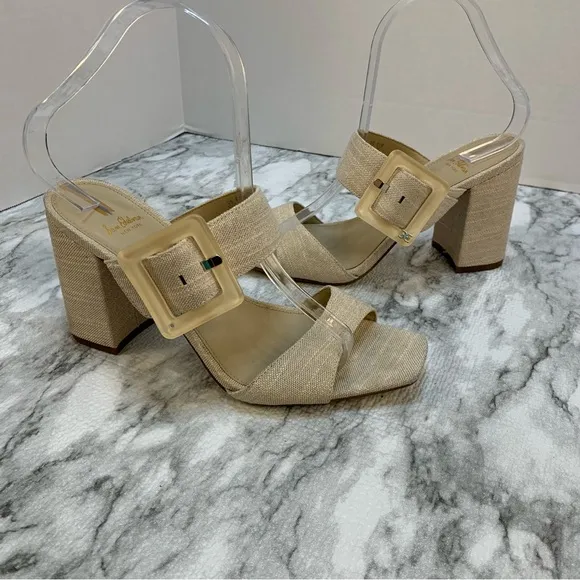 Sam Edelman New York sandal heels tan/gold tone , large buckles, very elegant.