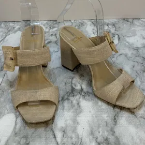 Sam Edelman New York sandal heels tan/gold tone , large buckles, very elegant.