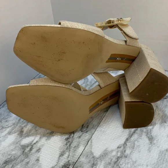 Sam Edelman New York sandal heels tan/gold tone , large buckles, very elegant.