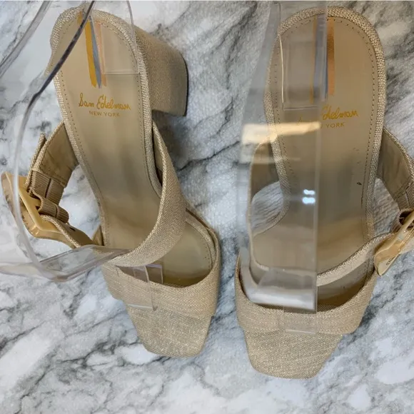 Sam Edelman New York sandal heels tan/gold tone , large buckles, very elegant.