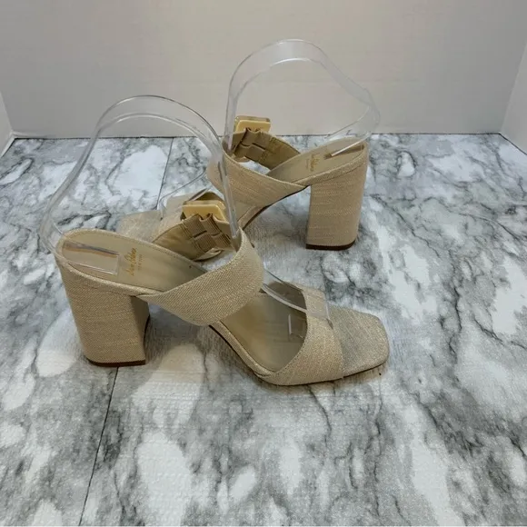 Sam Edelman New York sandal heels tan/gold tone , large buckles, very elegant.