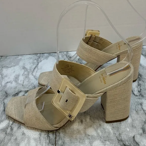 Sam Edelman New York sandal heels tan/gold tone , large buckles, very elegant.