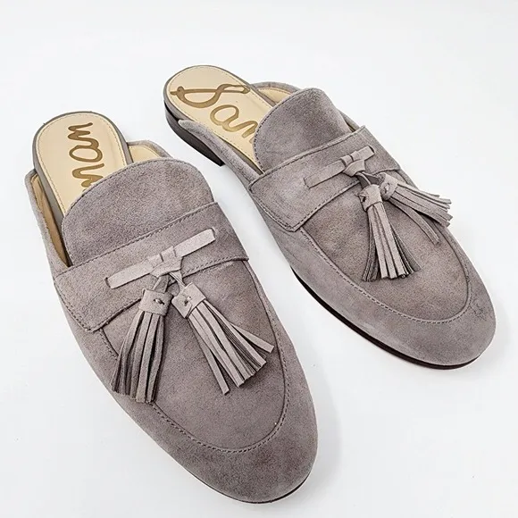 Sam Edelman Paris Gray Suede Tassel Flat Mule Slides 8M EUC