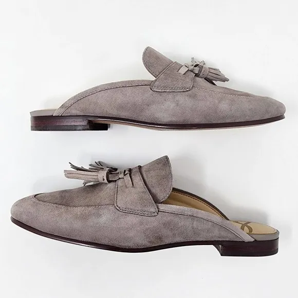 Sam Edelman Paris Gray Suede Tassel Flat Mule Slides 8M EUC