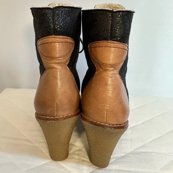 Sam Edelman Tara Womens Sz 8 Lace Up Leather High Block Heel Boots Fleece Lined