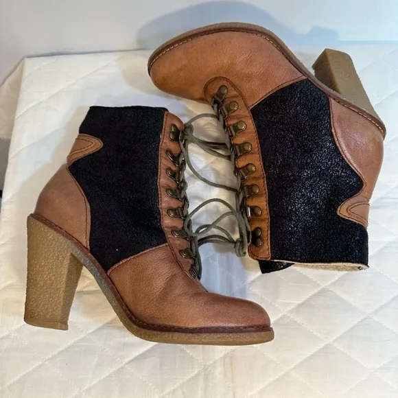 Sam Edelman Tara Womens Sz 8 Lace Up Leather High Block Heel Boots Fleece Lined