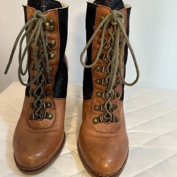 Sam Edelman Tara Womens Sz 8 Lace Up Leather High Block Heel Boots Fleece Lined