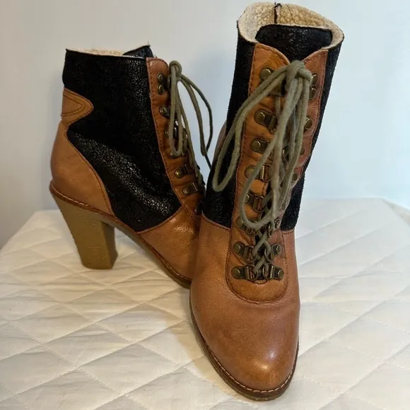 Sam Edelman Tara Womens Sz 8 Lace Up Leather High Block Heel Boots Fleece Lined