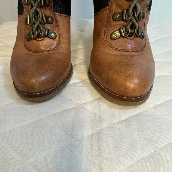 Sam Edelman Tara Womens Sz 8 Lace Up Leather High Block Heel Boots Fleece Lined