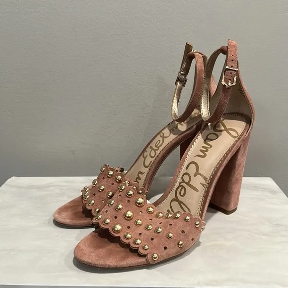 Sam Edelman Yaria Studded Leather Suede Block-Heel Nude Sandals Size 10