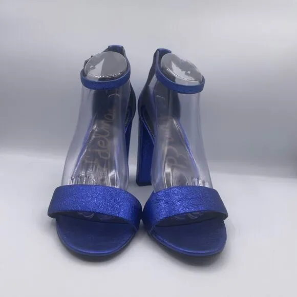 Sam Edelman Yaro Metallic Blue Heels Pumps Block Ankle Strap Womens 10.5