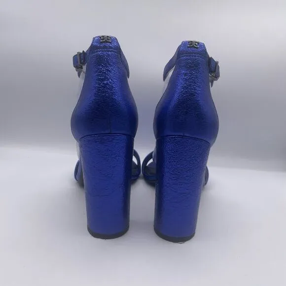 Sam Edelman Yaro Metallic Blue Heels Pumps Block Ankle Strap Womens 10.5