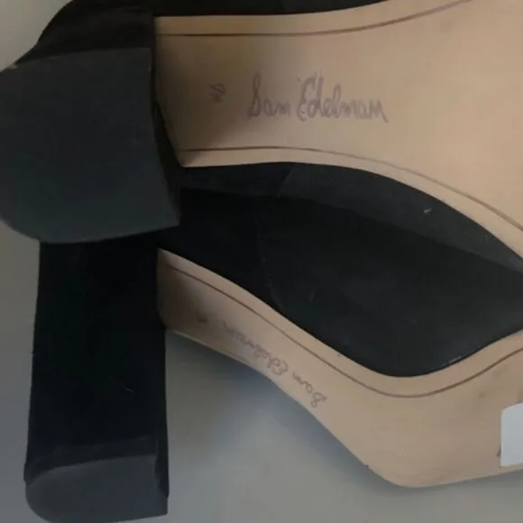 Sam Edelman Caprice Black Suede Knee-High Pull On Block Heel Almond Toe Boot 7.5