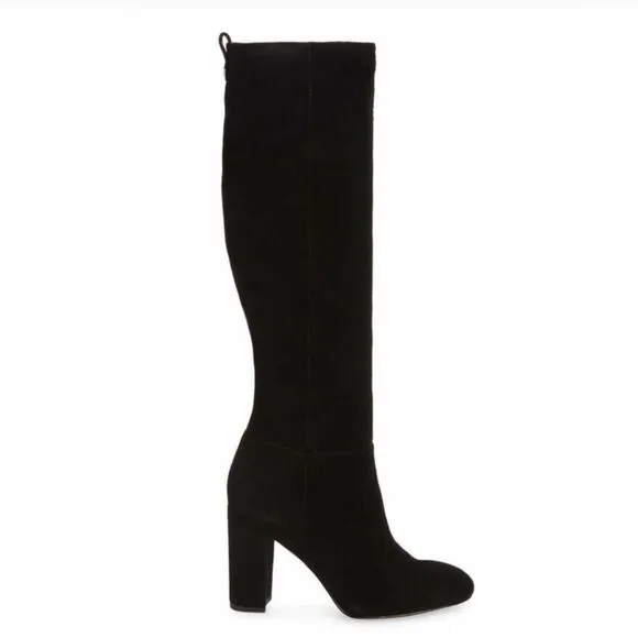 Sam Edelman Caprice Black Suede Knee-High Pull On Block Heel Almond Toe Boot 7.5
