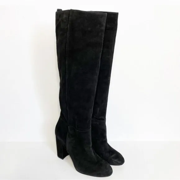 Sam Edelman Caprice Black Suede Knee-High Pull On Block Heel Almond Toe Boot 7.5