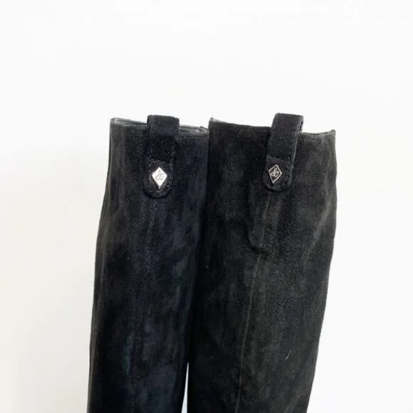 Sam Edelman Caprice Black Suede Knee-High Pull On Block Heel Almond Toe Boot 7.5