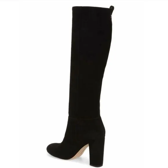 Sam Edelman Caprice Black Suede Knee-High Pull On Block Heel Almond Toe Boot 7.5