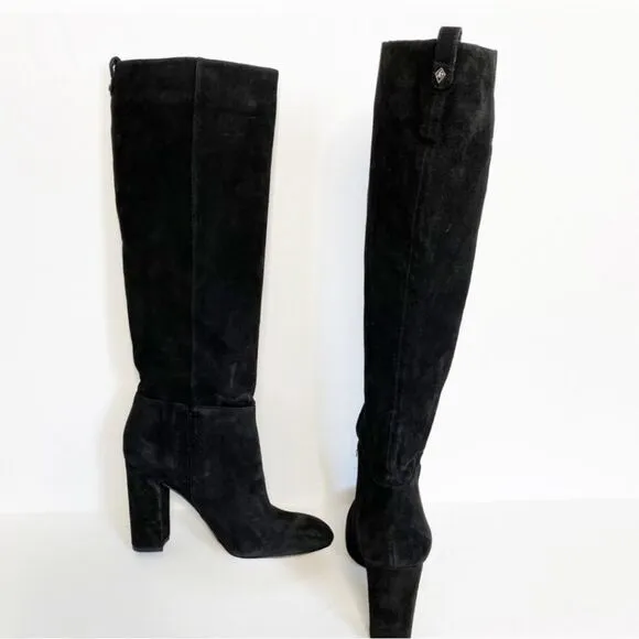 Sam Edelman Caprice Black Suede Knee-High Pull On Block Heel Almond Toe Boot 7.5