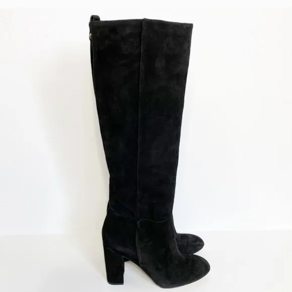 Sam Edelman Caprice Black Suede Knee-High Pull On Block Heel Almond Toe Boot 7.5