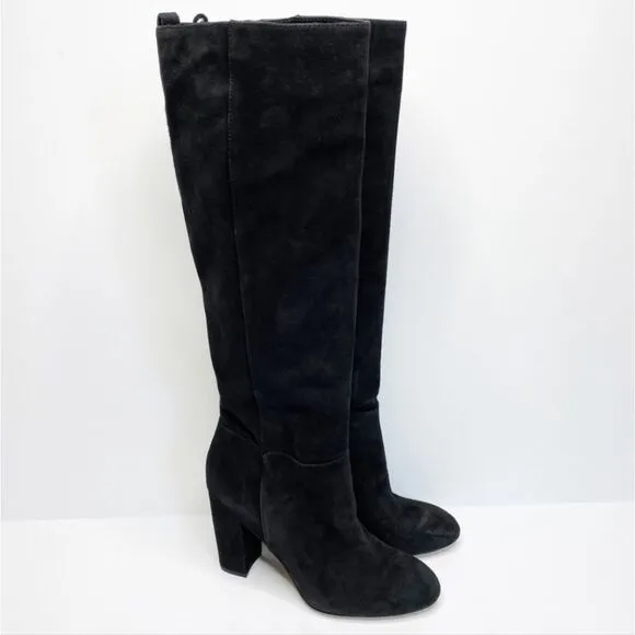Sam Edelman Caprice Black Suede Knee-High Pull On Block Heel Almond Toe Boot 7.5