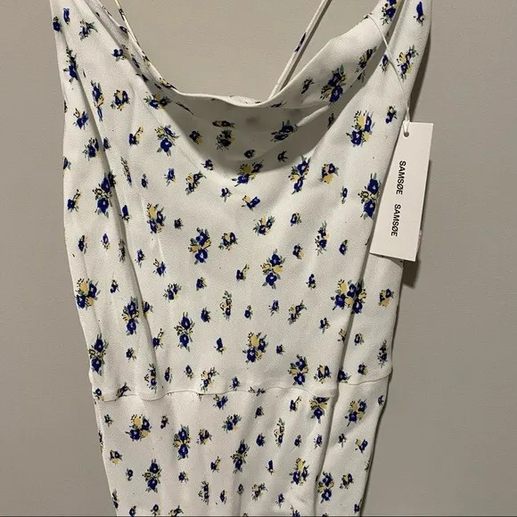 Samsøe Samsøe White Blue Floral Motif Chiffon Apples Slip Maxi Dress NWT
