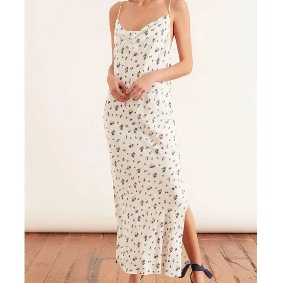 Samsøe Samsøe White Blue Floral Motif Chiffon Apples Slip Maxi Dress NWT