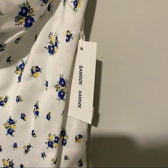 Samsøe Samsøe White Blue Floral Motif Chiffon Apples Slip Maxi Dress NWT