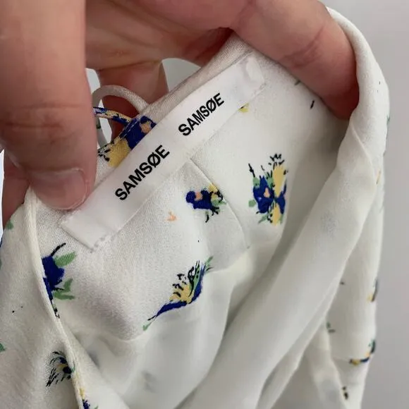 Samsøe Samsøe White Blue Floral Motif Chiffon Apples Slip Midi Dress Large