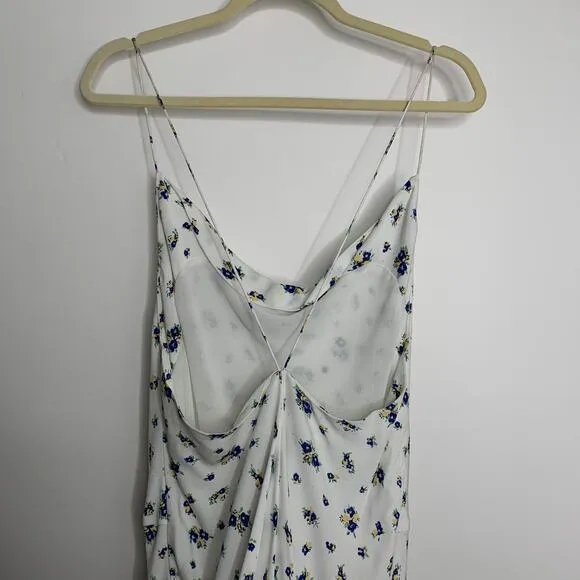 Samsøe Samsøe White Blue Floral Motif Chiffon Apples Slip Midi Dress Large