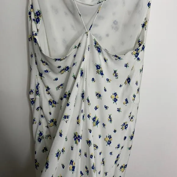 Samsøe Samsøe White Blue Floral Motif Chiffon Apples Slip Midi Dress Large