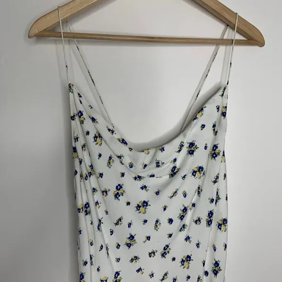 Samsøe Samsøe White Blue Floral Motif Chiffon Apples Slip Midi Dress Large