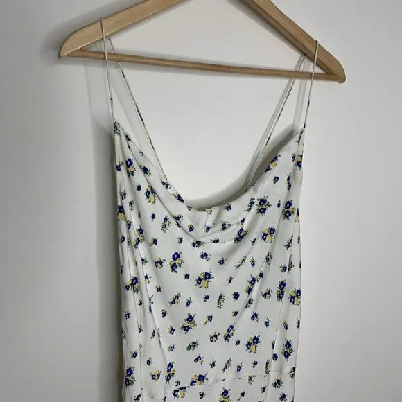 Samsøe Samsøe White Blue Floral Motif Chiffon Apples Slip Midi Dress Large