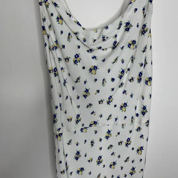 Samsøe Samsøe White Blue Floral Motif Chiffon Apples Slip Midi Dress Large