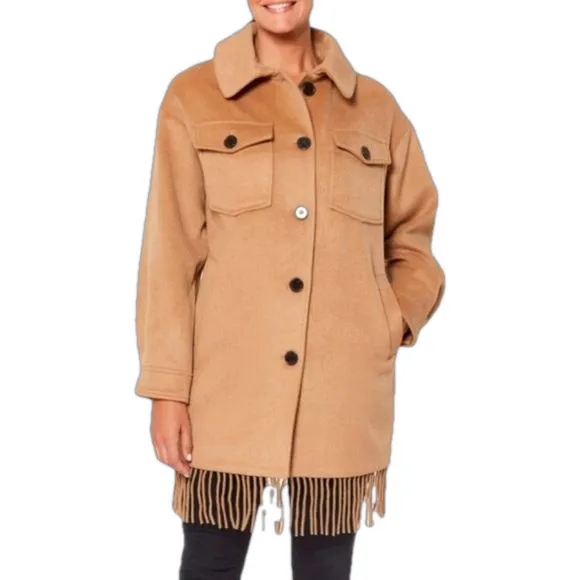 Sanctuary Camel Fringe Wool Blend Coat Size Small NWT