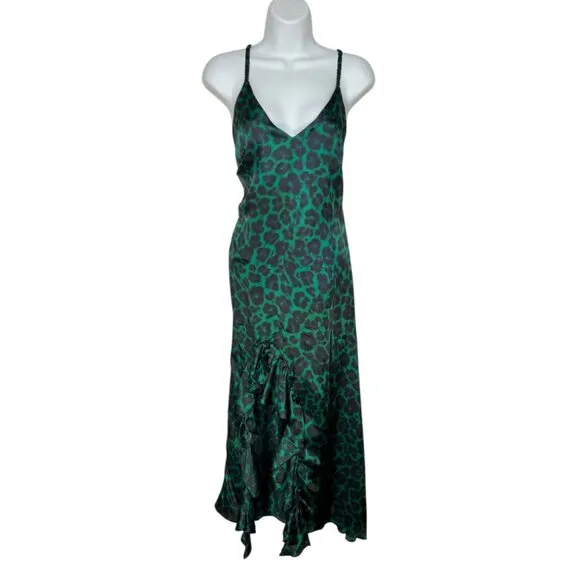 Sandro Amazonie Leopard Print Satin Midi Slip Dress Green Animal Print US 4
