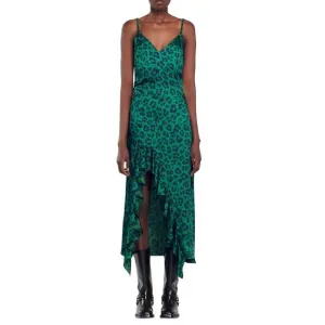 Sandro Amazonie Leopard Print Satin Midi Slip Dress Green Animal Print US 4