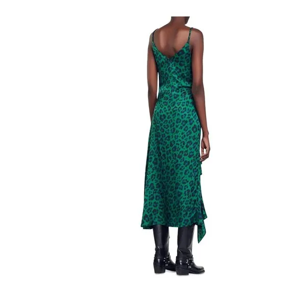Sandro Amazonie Leopard Print Satin Midi Slip Dress Green Animal Print US 4