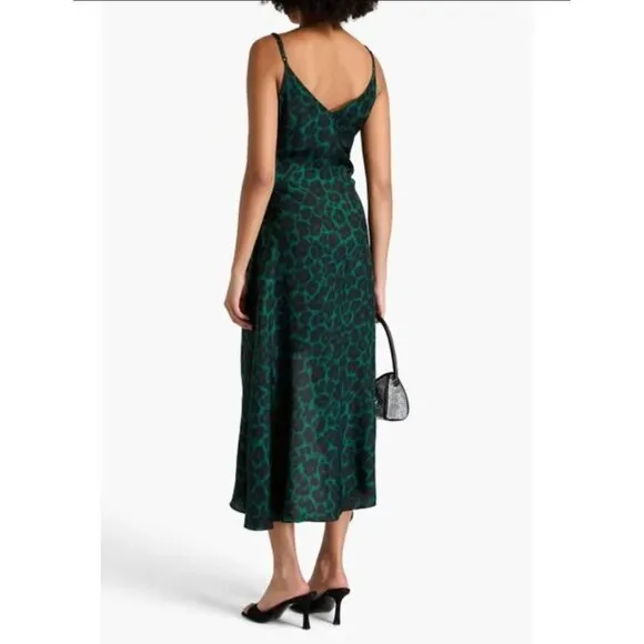 Sandro Amazonie Leopard Print Satin Midi Slip Dress Green Animal Print US 4